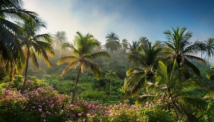 Canvas Print - lush tropical jungle scene with palm trees and flowers