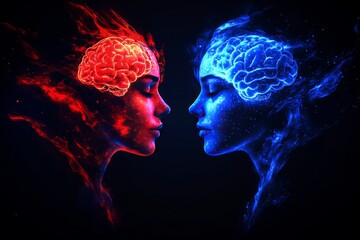 Canvas Print - Two opposing brains one in fiery red and the other in electric blue symbolizing contrasting thoughts emotions and the dynamic nature of human cognition and personality