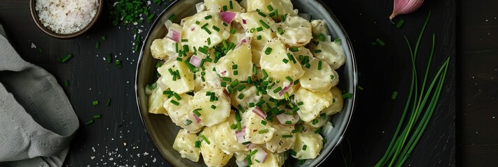 Sticker - Bird's-eye view of traditional potato salad featuring onions and chives in an elegant bowl on a dark surface.