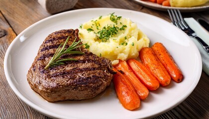 Wall Mural - succulent grilled steak with herbed mashed potatoes and roasted carrots on rustic table a gourmet meal for foodies