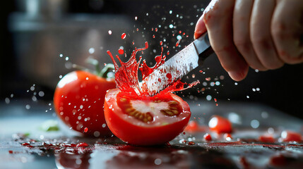 Hand holding knife cutting red tomato vegetable on wooden board kitchen table. Organic raw healthy vitamin food meal ingredient, vegan vegetarian cooking nutrition, freshness, closeup, recipe