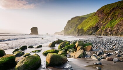 Poster - rocks on beach with green cliff