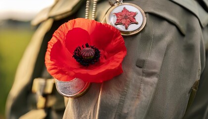 Wall Mural - a close up of a military uniform adorned with medals and a red poppy flower symbolizing remembrance and honor