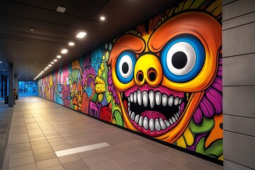 Poster - Neon color graffiti with bold and expressive patterns, illustrated in a scene where a graffiti mural features bold, expressive patterns in neon colors, creating a striking and energetic piece