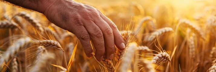 Canvas Print - Man's hand gently touches golden ripe wheat spikelets in a field on a sunny day, assessing grain quality during harvest.