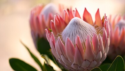 Wall Mural - close up image capturing the beauty of pink protea flowers perfect for botanical floral designs or nature themed projects