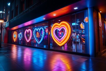 Aufkleber - Neon color lighting with glowing neon signs and reflections, captured in a photo where neon signs glow brightly, their reflections bouncing off glass and metal surfaces, creating a moody and