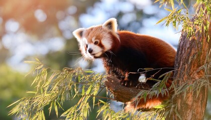 Sticker - red panda on a tree on a sunny day