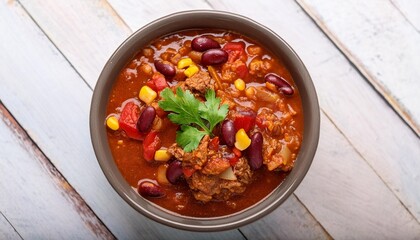 Wall Mural - delicious chili con carne in a bowl a traditional mexican stew made with beef beans tomatoes and spices