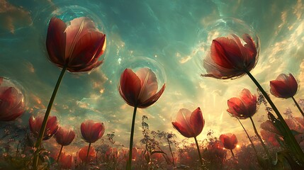 Wall Mural - Red Tulips Encased in Bubbles Against a Dreamy Sky