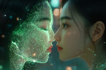 Sticker - Two women with glowing green facial features in a futuristic digital environment symbolizing the fusion of technology and human emotion and the depth of virtual connections