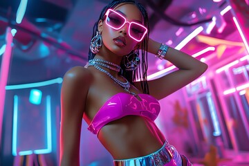 Poster - Neon color nightclub fashion with glowing accessories and vibrant outfits, depicted in an artwork where models wear neon-colored nightclub outfits, with glowing accessories like bracelets and
