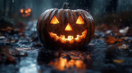 halloween jack o lantern pumpkin in the rain on a dark night