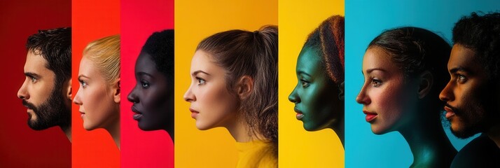 Aufkleber - Faces of diverse individuals are contrasted and separated by a striking barrier, revealing themes of division and societal bias. Generative AI