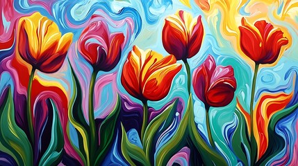 Poster - Abstract Oil Painting of Colorful Tulips