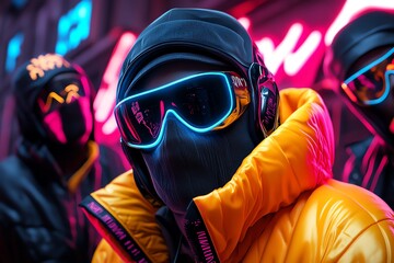 Poster - Neon color street style with bold and vibrant outfits, depicted in an artwork where people in an urban environment wear neon-colored street style outfits, with graffiti and neon signs in the