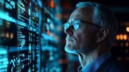 Sticker - Senior Man in Glasses Studying Data on Digital Screen