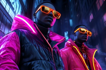 Poster - Neon color street style with bold outfits and glowing accessories, depicted in an artwork where people in an urban environment wear neon-colored street style outfits, with glowing accessories