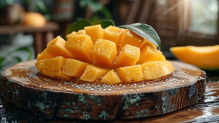 Wall Mural - Fresh, ripe mango cut into cubes, on a rustic wooden board.