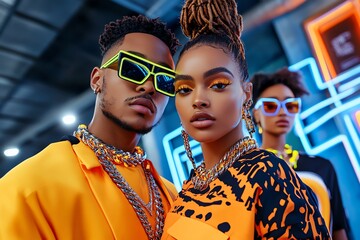 Aufkleber - Neon color streetwear fashion with bold patterns and glowing accessories, captured in a photo where models wear neon-colored streetwear outfits, with glowing accessories like necklaces and belts,