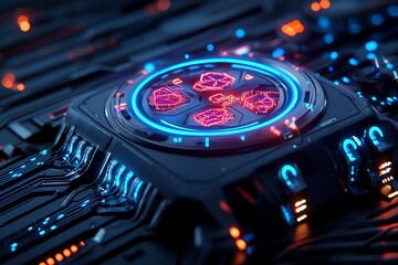 Aufkleber - Neon color technology with LED lights and digital displays, depicted in an artwork where a futuristic device is illuminated by neon-colored LED lights, with digital displays showing vibrant,