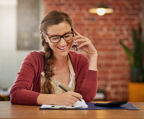 Wall Mural - Coffee shop, phone call and woman with documents for inventory, store products and order. Restaurant, small business and person talking with clipboard, paperwork and list for sales, stock and menu