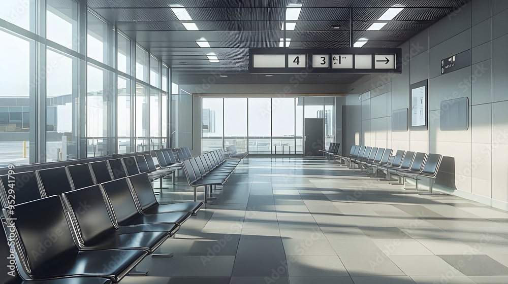 A vacant airport boarding gate area, showing empty seating and visible gate numbers. The design emphasizes the open, efficient layout of the boarding area without any passengers.