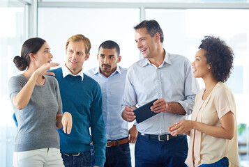 Poster - Group, happy business people and brainstorming with tablet for training, help or planning at creative startup. Tech, team or collaboration with mentor for coaching, advice or ideas with intern writer