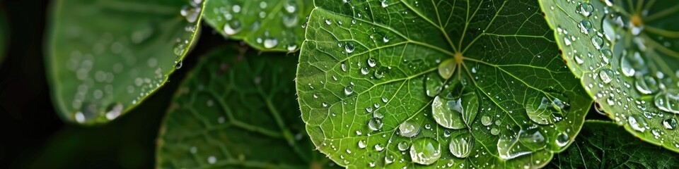 Poster - Water droplets on a nasturtium leaf photographed with selective focus and a soft background.