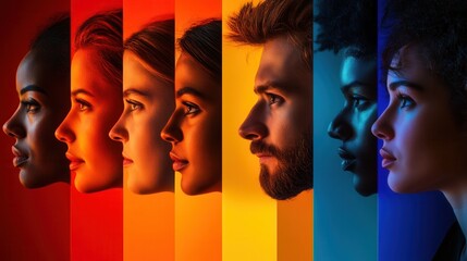Aufkleber - Profiles of diverse faces create a striking contrast against a colorful backdrop, highlighting themes of division and unity in society. Generative AI