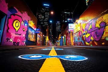 Aufkleber - Neon color urban scene with street art and neon signs, captured in a photo where an urban street is lit by neon signs, with vibrant graffiti adding color and energy to the environment