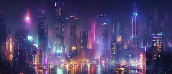 Wall Mural - Spectacular nighttime in cyberpunk city of the futuristic fantasy world features skyscrapers, flying cars, and neon lights. Digital art 3D illustration. Acrylic painting.