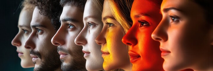 Aufkleber - A lineup of diverse faces emphasizes societal divisions, highlighting bias and the beauty of differences in bright, saturated colors. Generative AI