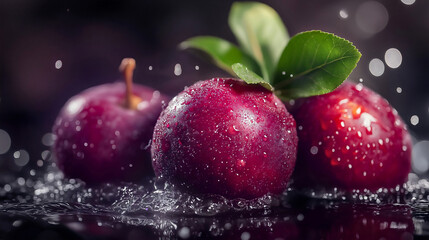 fresh plum fruit splash, juicy and ripe with refreshing juice, a healthy and organic diet drink perf