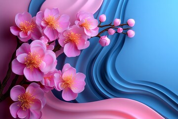 Poster - Peach blossom abstract landscape with flowing lines and soft colors, illustrated in a scene where an abstract landscape features flowing lines and soft colors representing peach blossoms, creating