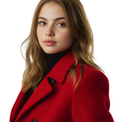 Young beautiful woman in a stylish autumn coat jacket, an elegant and modern garment, isolated on a transparent background, fashion and style with warm clothes