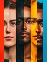 Aufkleber - Brightly colored sections showcase diverse faces, highlighting division and bias while celebrating the beauty of individuality and unity. Generative AI