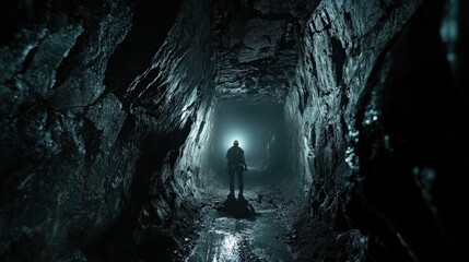 Wall Mural - Mine engineer performing a rock stability test in a narrow underground tunnel, surrounded by dark rock walls