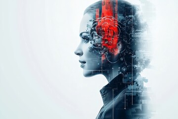 Canvas Print - A futuristic profile of a woman with a red glowing brain symbolizing the integration of technology and human cognition the power of digital influence and the evolution of identity