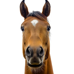 Isolated portrait of a funny horse with a hilarious smiling face head, happy and adorable personality against a transparent background, humor of this animal