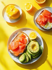 Aufkleber - A healthy breakfast features avocado toast topped with cucumber slices of salmon
