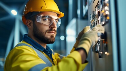 Wind Turbine Technician Carefully Repairing Control Panel in Renewable Energy Setting