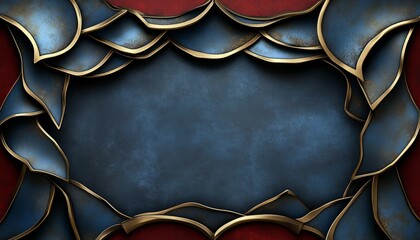 Poster - Abstract Blue and Gold Metal Frame with Red Background