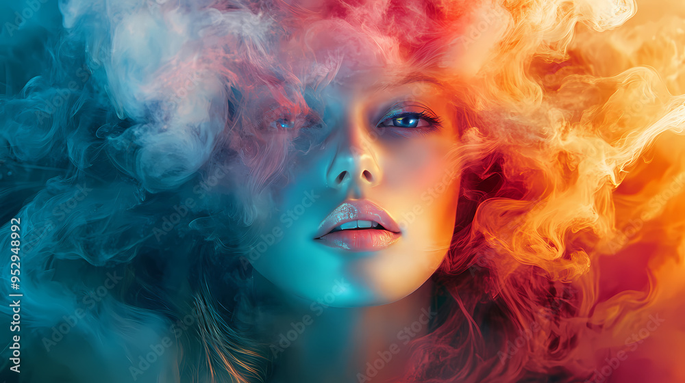 Portrait of a woman with colorful smoke emanating from her hair and ...