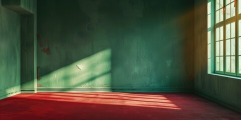 Canvas Print - Interior of vacant room featuring green walls red carpet and a small window in the corner