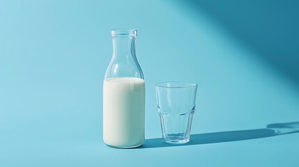 Glass bottle of fresh milk against a clean blue background, a healthy and natural dairy drink product, purity and nutrition of traditional breakfast beverage with calcium