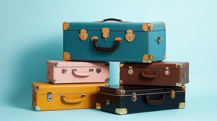 A stack of colorful vintage suitcases arranged aesthetically for travel or decoration.