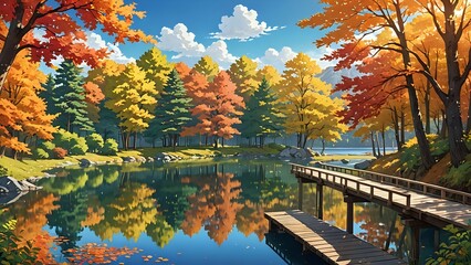 Wall Mural - A serene autumn landscape with colorful fall leaves, a calm lake reflecting the vibrant trees, a wooden bridge crossing over the lake, warm sunlight filtering through the foliage, manga style 