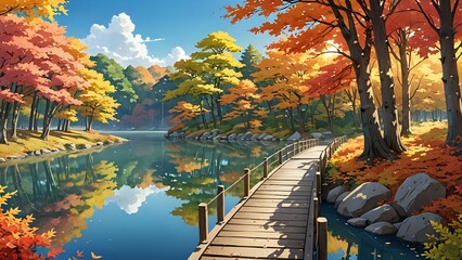 Wall Mural - A serene autumn landscape with colorful fall leaves, a calm lake reflecting the vibrant trees, a wooden bridge crossing over the lake, warm sunlight filtering through the foliage, manga style 