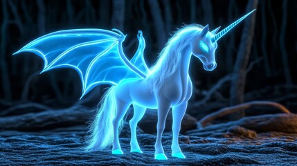 Unicorn with a spooky Halloween twist, glowing horn and bat wings, dark forest, 3D illustration